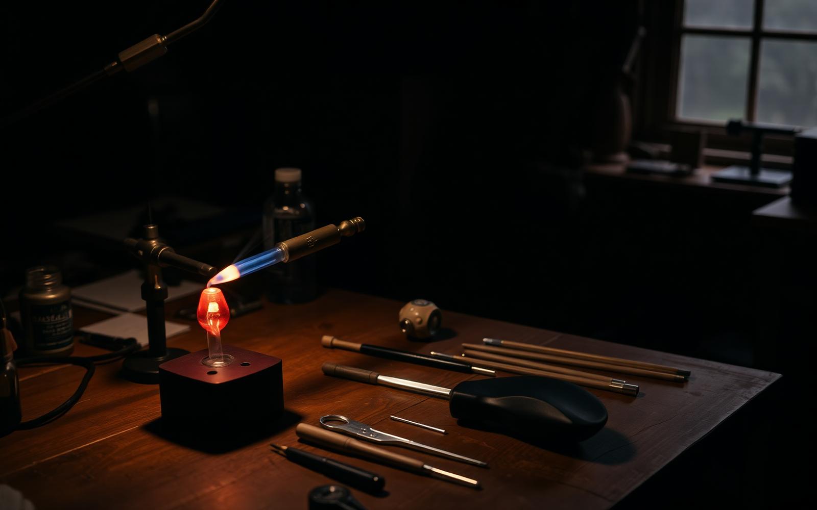 Atelier met lampworkbrander en glasgereedschap