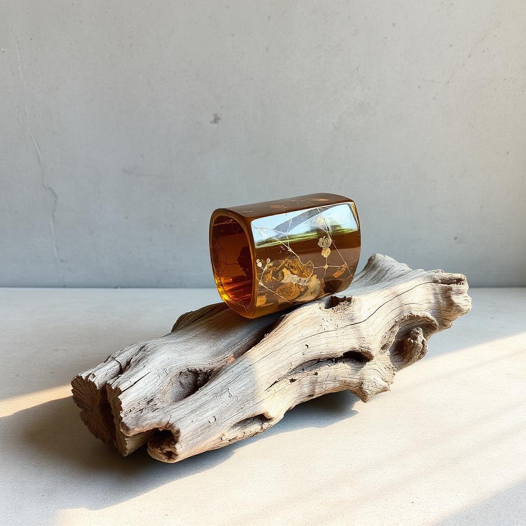 Amberkleurig cast glas op wortelhout